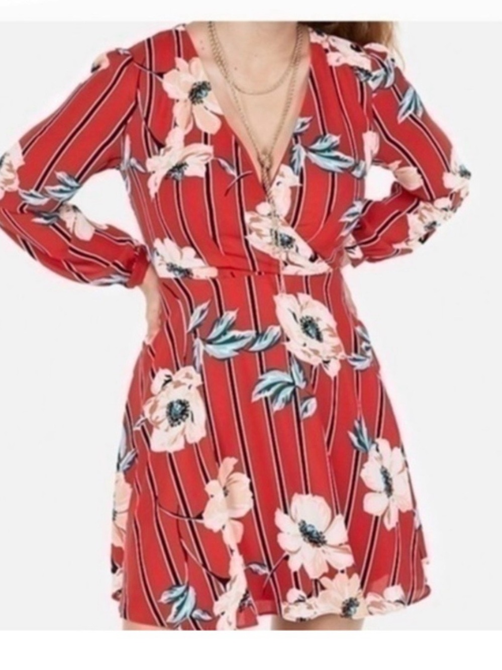 Express Long Sleeve Faux Wrap Dress Red Floral‎ and Stripe. Size Medium.